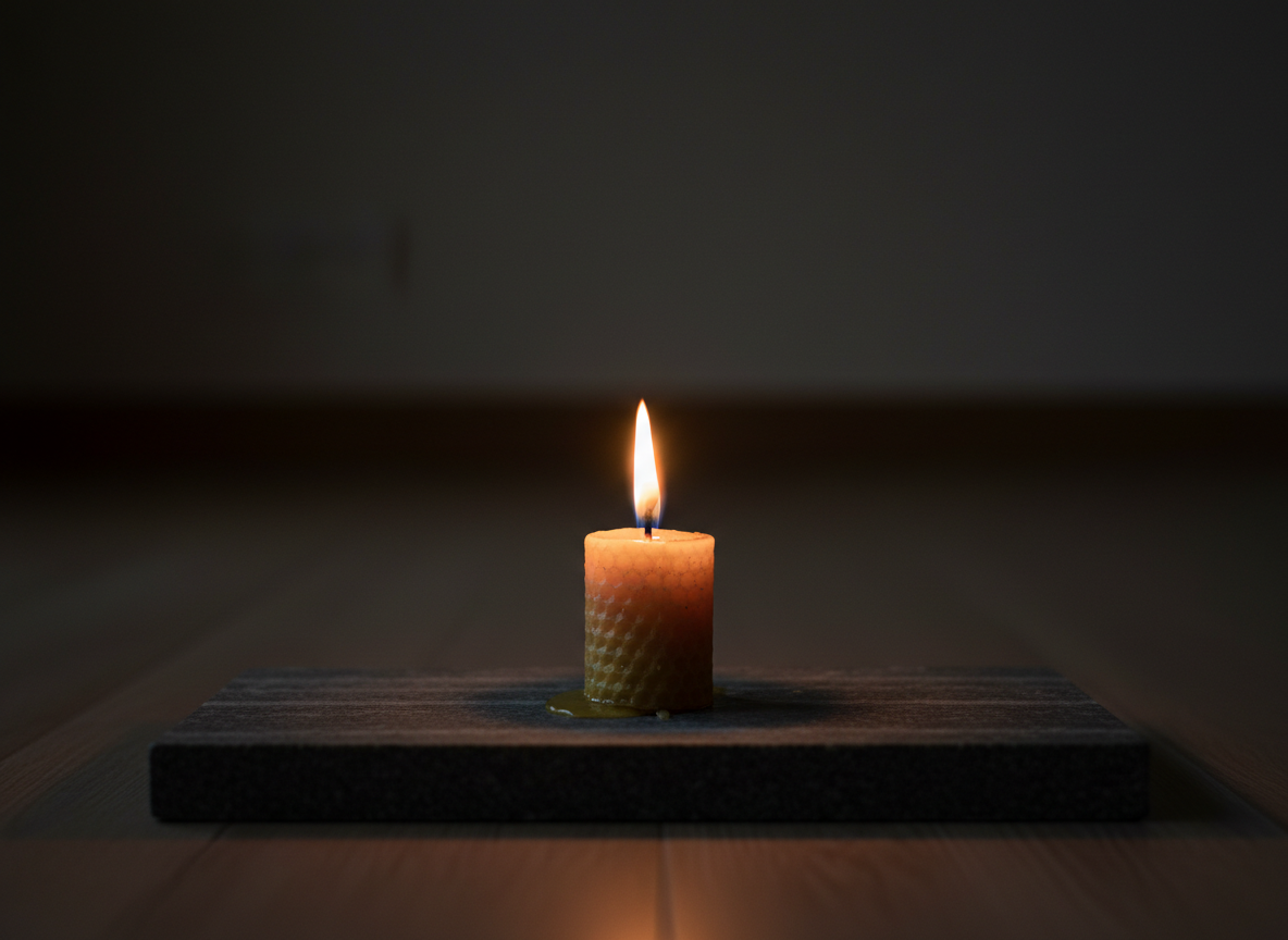 A close-up photographic view of a single, perfectly still flame rising from a modest beeswax candle, its surface slightly textured and warm golden in tone, set against a deep, unfocused background. The candle rests on a low, dark stone slab with fine, natural striations, placed at the center of a simple, uncluttered meditation space. The only light source is the candle itself, casting soft, warm illumination and gentle, expanding shadows around it. The mood is intimate, silent, and profoundly focused, suggesting the refined clarity of samādhi and the glimpse of the deathless. Tight framing and shallow depth of field keep the flame in razor-sharp focus while the surroundings dissolve into a subtle, velvety darkness.