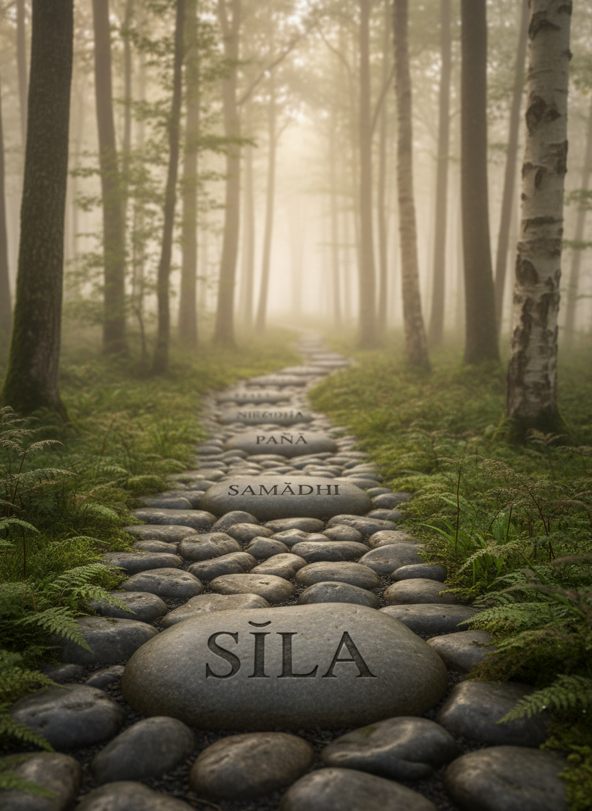 A stone pathway made of irregular, smooth river stones gently ascending through a misty forest, symbolizing the Liberation Path. Each stone is engraved with one Pali term: Sīla, Samādhi, Paññā, and Nirodha, the words crisply carved and slightly darkened for contrast. Moss and delicate ferns frame the edges of the path, while tall, slender trees fade into soft fog in the distance. Early morning diffused light filters through the canopy, creating a peaceful, luminous atmosphere. Photographic realism with a low, forward-facing angle at ground level, the first stone in sharp focus and subsequent stones gradually softening into bokeh, giving a sense of progression, depth, and quiet determination.