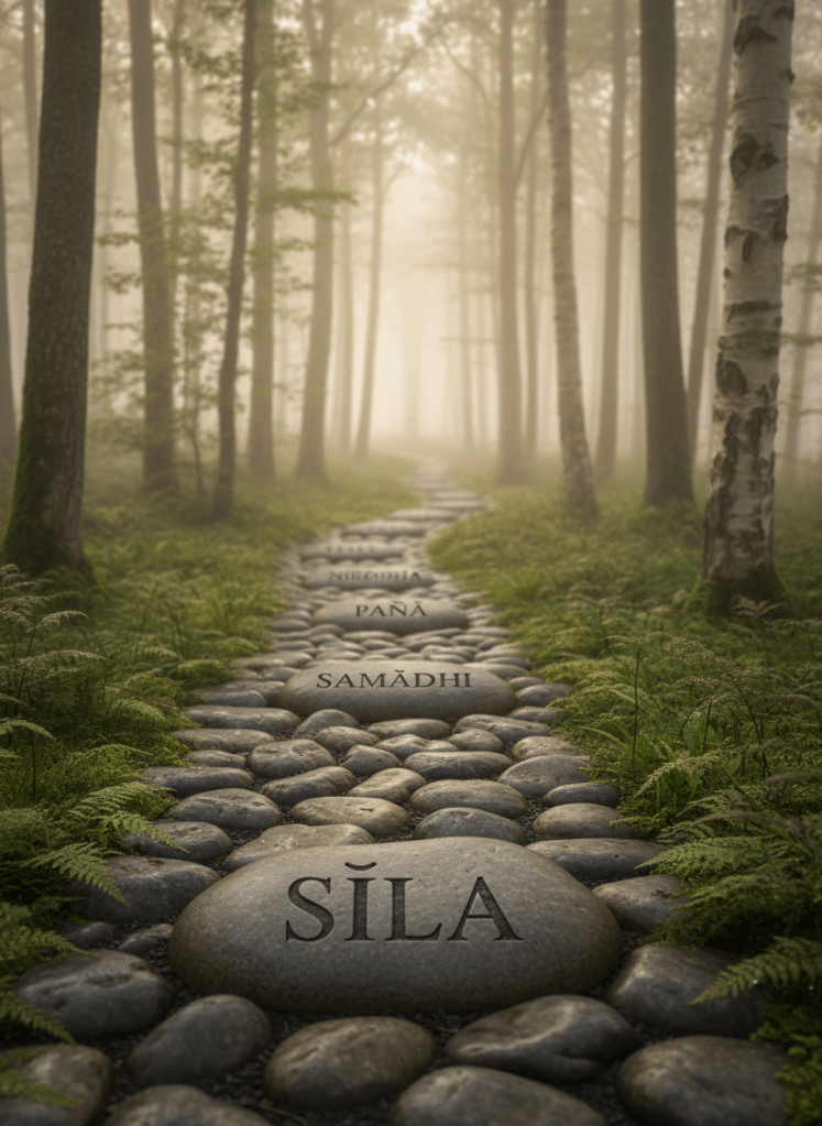 A stone pathway made of irregular, smooth river stones gently ascending through a misty forest, symbolizing the Liberation Path. Each stone is engraved with one Pali term: Sīla, Samādhi, Paññā, and Nirodha, the words crisply carved and slightly darkened for contrast. Moss and delicate ferns frame the edges of the path, while tall, slender trees fade into soft fog in the distance. Early morning diffused light filters through the canopy, creating a peaceful, luminous atmosphere. Photographic realism with a low, forward-facing angle at ground level, the first stone in sharp focus and subsequent stones gradually softening into bokeh, giving a sense of progression, depth, and quiet determination.