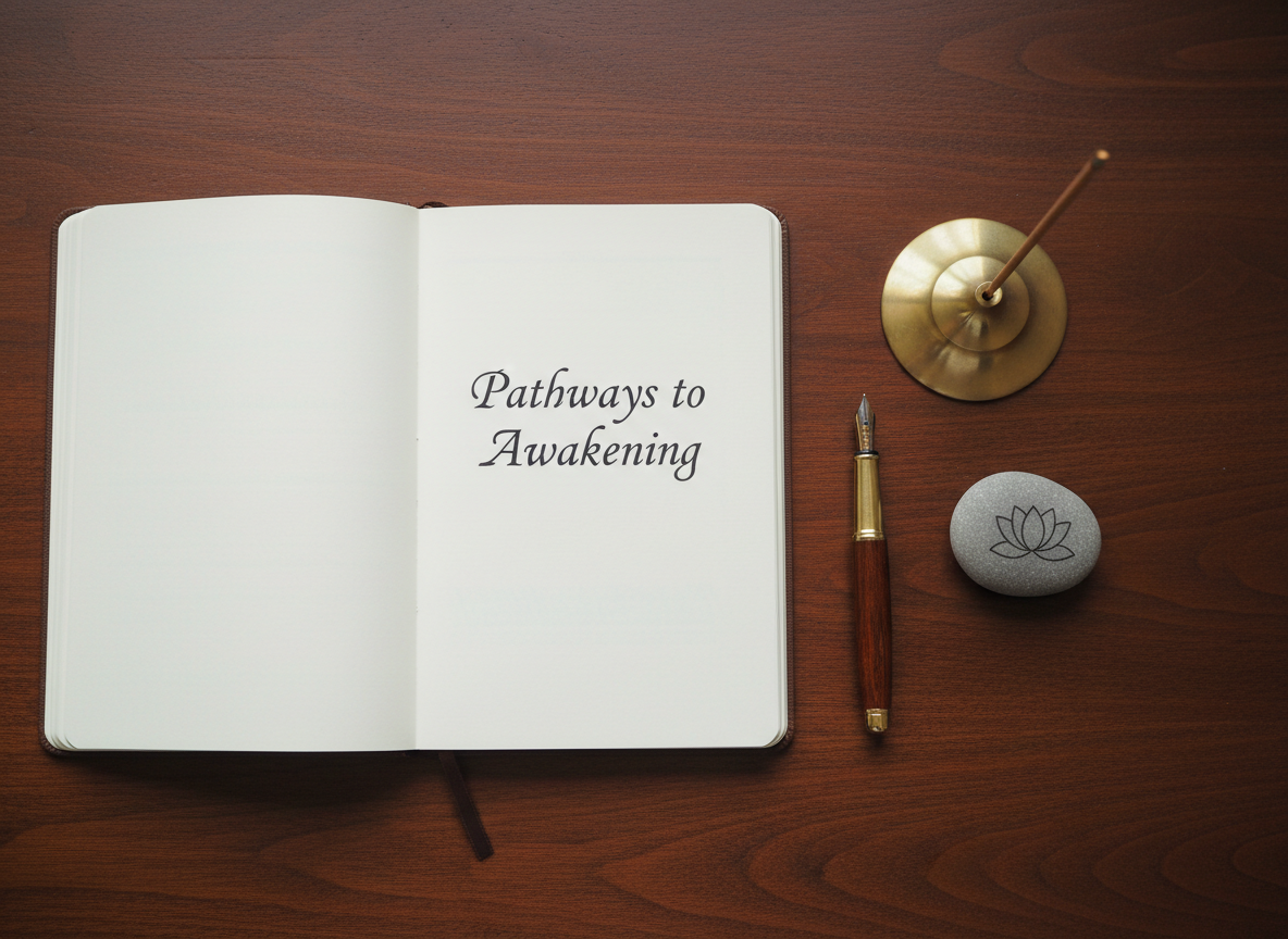 An overhead view of a meticulously organized wooden writing desk, free of any human presence, featuring an open, cream-colored journal titled “Pathways to Awakening” in elegant serif lettering. Beside it rests a finely crafted fountain pen, a simple brass incense holder with a single unlit stick, and a small smooth river stone etched with a subtle lotus outline. Soft, indirect daylight from an unseen window creates gentle, even illumination, highlighting the grain of the wood and the texture of the paper. The composition is clean and balanced, with negative space around the journal suggesting clarity and focus. Photographic realism, minimalist aesthetic, and a calm, contemplative mood that evokes structured study and disciplined practice on the path to the deathless.