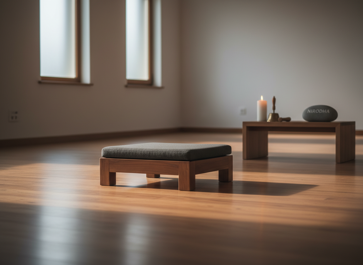 A meticulously arranged meditation hall interior with no people present, featuring a single dark teakwood meditation cushion set precisely at the center of a polished wooden floor. Along the far wall, a minimal altar holds an unlit candle, a small bronze bell, and a simple stone engraved with the word “Nirodha.” Soft predawn natural light filters through high, frosted windows, creating long, gentle shadows and a faint glow on the floorboards. The atmosphere is serene and contemplative, evoking structured training and inner discipline. Photographic realism, eye-level composition, rule-of-thirds framing with the cushion slightly off-center, and a shallow depth of field subtly blurring the altar in the background to emphasize the solitary path of liberation.